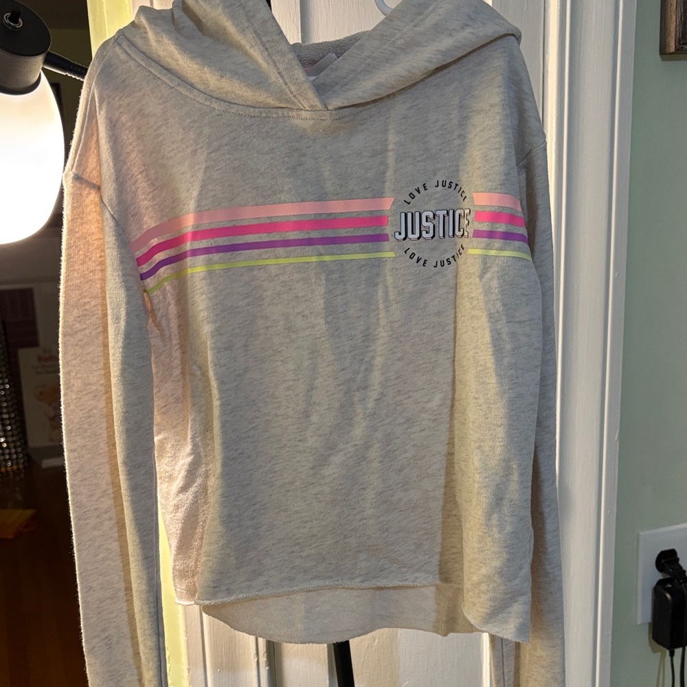 Justice Light Gray Hoodie with Vibrant Stripes